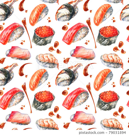 Color pencils illustration of sushi and rolls Color pencils illustration of sushi and rolls 79031894