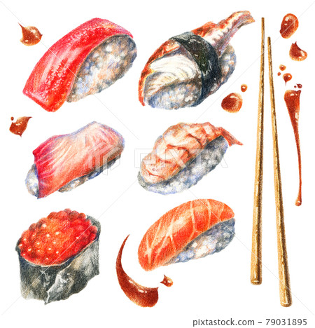 Color pencils illustration of sushi 79031895