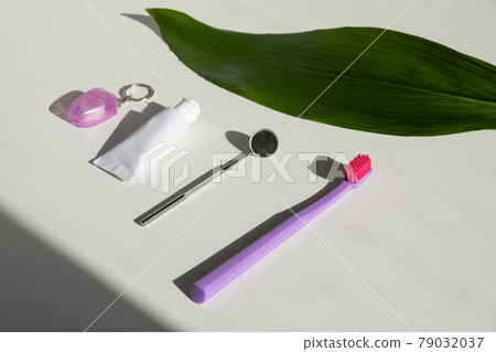 Oral hygiene products and a green leaf on a white table. Toothbrush dental floss dental mirror and dental paste. Oral hygiene products and a green leaf on a white table. Toothbrush dental floss dental mirror and dental paste. 79032037