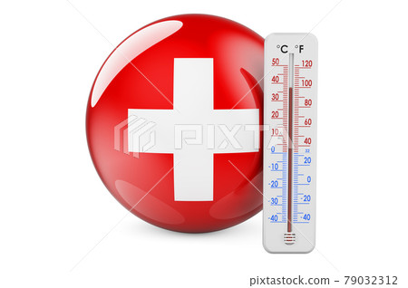 Thermometer with Swiss flag. Heat in Switzerland concept. 3D rendering Thermometer with Swiss flag. Heat in Switzerland concept. 3D rendering 79032312