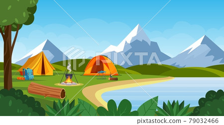 Summer camp with bonfire, tent, backpack Summer camp with bonfire, tent, backpack 79032466