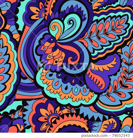 Seamless psychedelic pattern with crazy colorful ornamental elements. Seamless psychedelic pattern with crazy colorful ornamental elements. 79032543