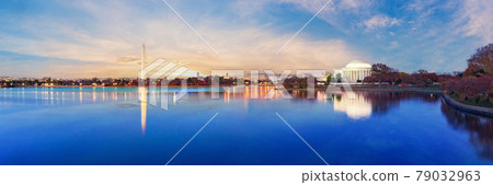 Jefferson Memorial and Washington Monument reflected on Tidal Basin in the morning. 79032963