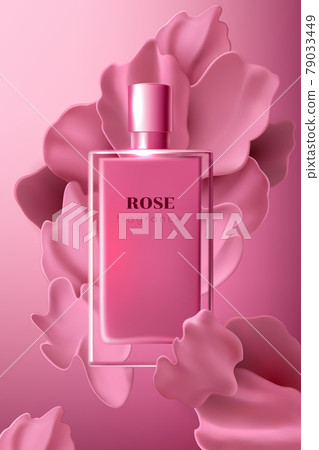 Design advertising poster for cosmetic product with rose petals for catalog, magazine. Cosmetic package. Perfume advertising poster. Moisturizing toner, cream, gel, body lotion, pink liquid petals Design advertising poster for cosmetic product with rose petals for catalog, magazine. Cosmetic package. Perfume advertising poster. Moisturizing toner, cream, gel, body lotion, pink liquid petals 79033449