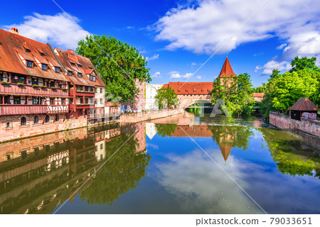Nuremberg, Germany - Picturesque Pegnitz River and Schlayerturm, Bavaria. 79033651