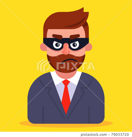 a fraudster in a business suit and a mask hiding his face. 79033720
