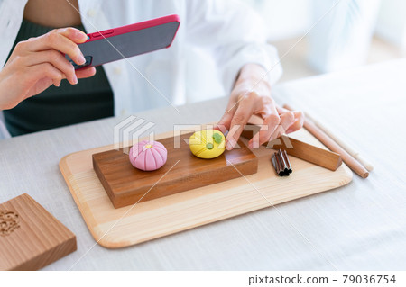 A woman who shoots the Japanese sweets she made with her smartphone A woman who shoots the Japanese sweets she made with her smartphone 79036754