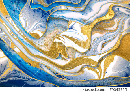 Marble blue ink and gold dust abstract background with gold gradient borders 79043725