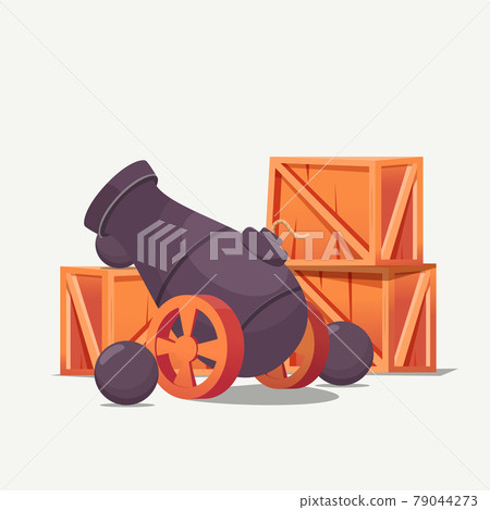 Vector illustration of cannon ball with stack of wooden box, and ammunition. Isolated on a white background Vector illustration of cannon ball with stack of wooden box, and ammunition. Isolated on a white background 79044273