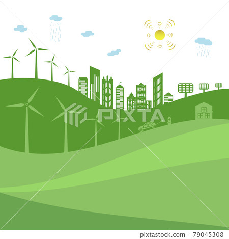Silhouette of ecological city. Green energy. Silhouette of ecological city. Green energy. 79045308