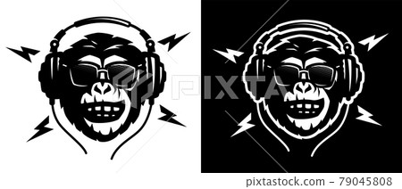 Monkey head with headphones and sunglasses on a light and dark background. Vector illustration. 79045808