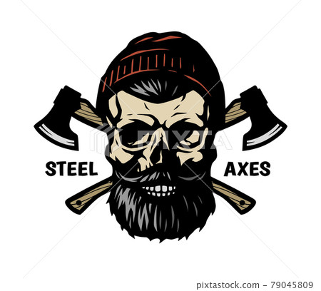 A lumberjack skull with a beard, a hat and two axes. Vector illustration. 79045809