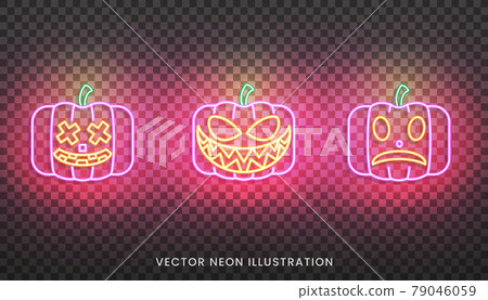 Halloween neon Jack O Lantern sign. Set of bright Pumpkins for Halloween 79046059