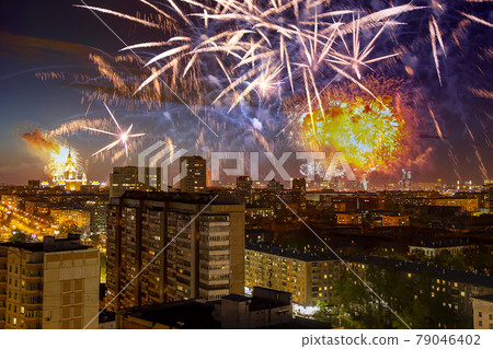 Aerial view of Moscow (night) and festive fireworks during Victory Day (WWII), Russia 79046402