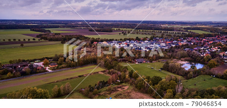 Aerial view of a tiny piddy village in the heath in the north of Germany 79046854