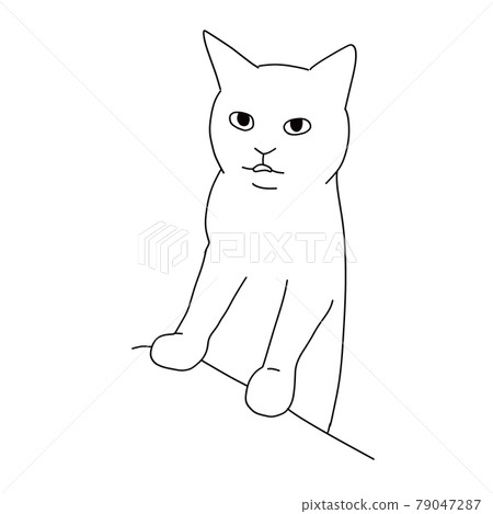 Line drawing illustration of a cat holding a hand on the table 79047287