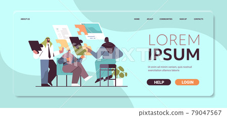 businesspeople team putting puzzle pieces arabic business partners working together on project problem solution 79047567