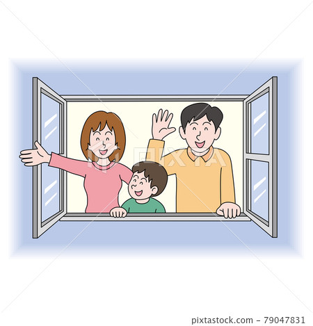 Family waving hands from the window 79047831