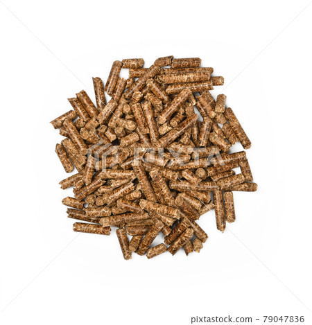 Heap of hardwood pellets for food smoking on white Heap of hardwood pellets for food smoking on white 79047836