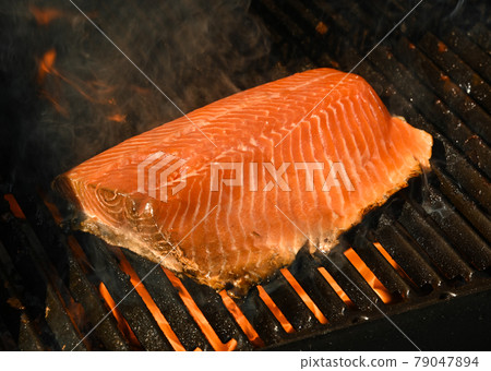 Searing and smoking salmon fish fillet on grill Searing and smoking salmon fish fillet on grill 79047894