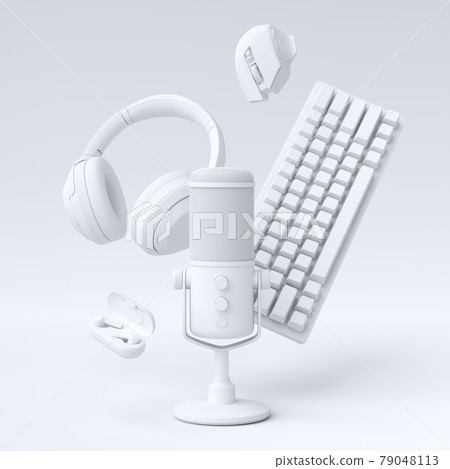 Flying gamer gears like mouse, keyboard, joystick, headset, VR, microphone Flying gamer gears like mouse, keyboard, joystick, headset, VR, microphone 79048113