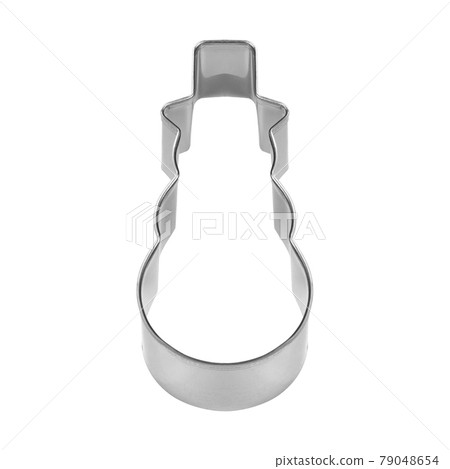 Baking dish for Christmas cookies in the shape of snowman isolated on white 79048654