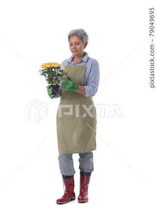 Gardener woman with flower on white Gardener woman with flower on white 79049695
