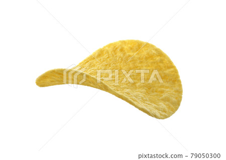 Single potato chip on white background close-up isolated 79050300