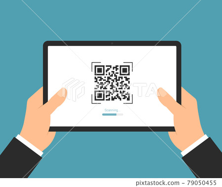 Flat design illustration of a manager's hand holding a digital tablet with a QR code scan. Suitable for internet banking or business, vector Flat design illustration of a manager's hand holding a digital tablet with a QR code scan. Suitable for internet banking or business, vector 79050455