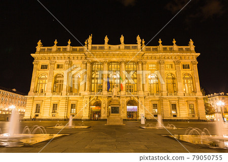 Illuminated Madama Palace in Piazza Castello, Turin, Italy 79050755