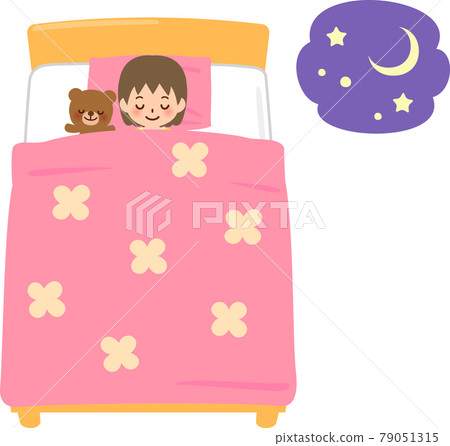 微笑的女孩睡在床上 79051315