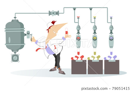 Smiling doctor makes medications. Illustration. Cheerfulness doctor works on the plant producing pills isolated on white 79051415