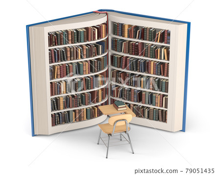 Books on bookshelf as book and school desk and chair isolated on white. Education, knowledge and learning concept background. 79051435