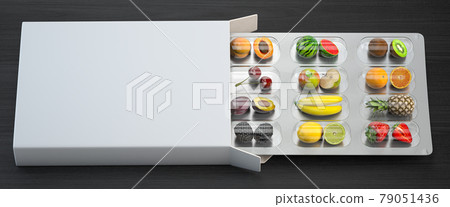 Multivitamins and dietary natural supplements for a healthy diet. Fruits in pills on blister pack. Multivitamins and dietary natural supplements for a healthy diet. Fruits in pills on blister pack. 79051436