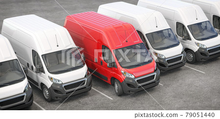 Red delivery van in a row of white vans. Best express delivery and shipemt service concept. Red delivery van in a row of white vans. Best express delivery and shipemt service concept. 79051440