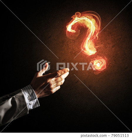 Concept of help or support with fire burning question mark Concept of help or support with fire burning question mark 79051513