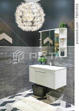 Interior of bathroom with sink basin faucet and mirror. Modern design of bathroom Interior of bathroom with sink basin faucet and mirror. Modern design of bathroom 79051918