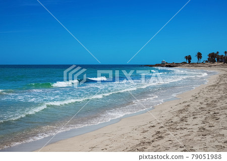 Wonderful view of the lagoon, seashore, white sand beach and blue sea. Djerba Island, Tunisia 79051988