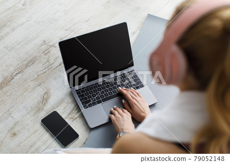 Workout at home, covid-19 quarantine or free time, health care and sports blog 79052148