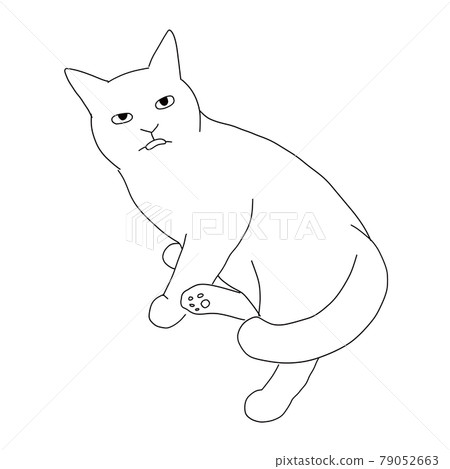 Line drawing illustration of a cat relaxing and sticking out his tongue 79052663