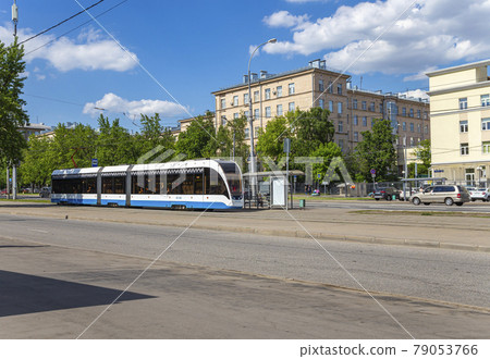 Modern tram (urban electric transport ) on a Moscow street (central district), Russia Modern tram (urban electric transport ) on a Moscow street (central district), Russia 79053766