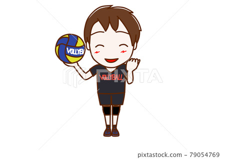 <Whole body / front> A boy who becomes a volleyball player and makes a guts pose with a smile <Whole body / front> A boy who becomes a volleyball player and makes a guts pose with a smile 79054769