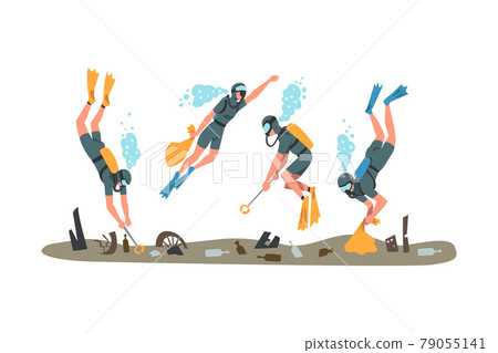 Scuba Divers Collecting Trash in Ocean, Pollution of Sea, Ocean or River, Ecology Protection Concept Cartoon Vector Illustration Scuba Divers Collecting Trash in Ocean, Pollution of Sea, Ocean or River, Ecology Protection Concept Cartoon Vector Illustration 79055141