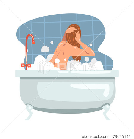 Young Female Bathing in the Bathtub Washing Her Hair and Body with Shampoo Vector Illustration Young Female Bathing in the Bathtub Washing Her Hair and Body with Shampoo Vector Illustration 79055145