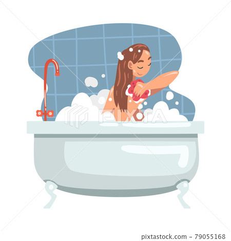 Young Female Bathing in the Bathtub Washing Her Body with Soap and Shower Puff Vector Illustration 79055168