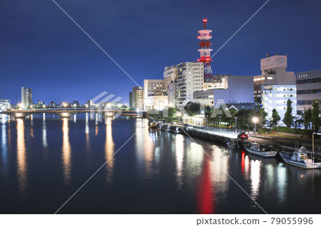 從龍虎橋看萬代橋和信濃川的夜景[新潟縣] 79055996