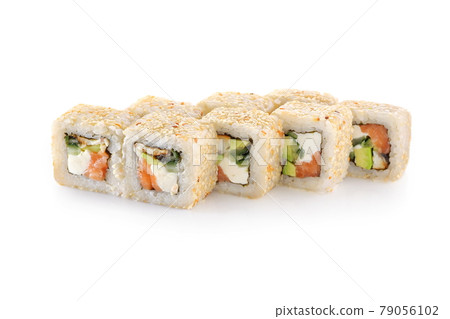 Sushi with eel, salmon, cheese, avocado, Unagi sauce, sesame, nori on a white background isolated 79056102