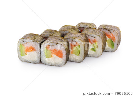 sushi Cheese Maki with salmon, avocado, nori, cheese, on a white background isolated 79056103