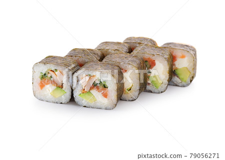 sushi with Salmon, smoked eel, smoked chicken, avocado, nori, cucumber on white background isolated sushi with Salmon, smoked eel, smoked chicken, avocado, nori, cucumber on white background isolated 79056271