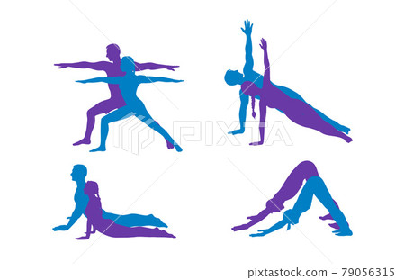 Yogi couple in warrior, dog, cobra and side plank. Woman and man silhouettes practicing strengthing yoga poses. Hand drawn vector illustration 79056315